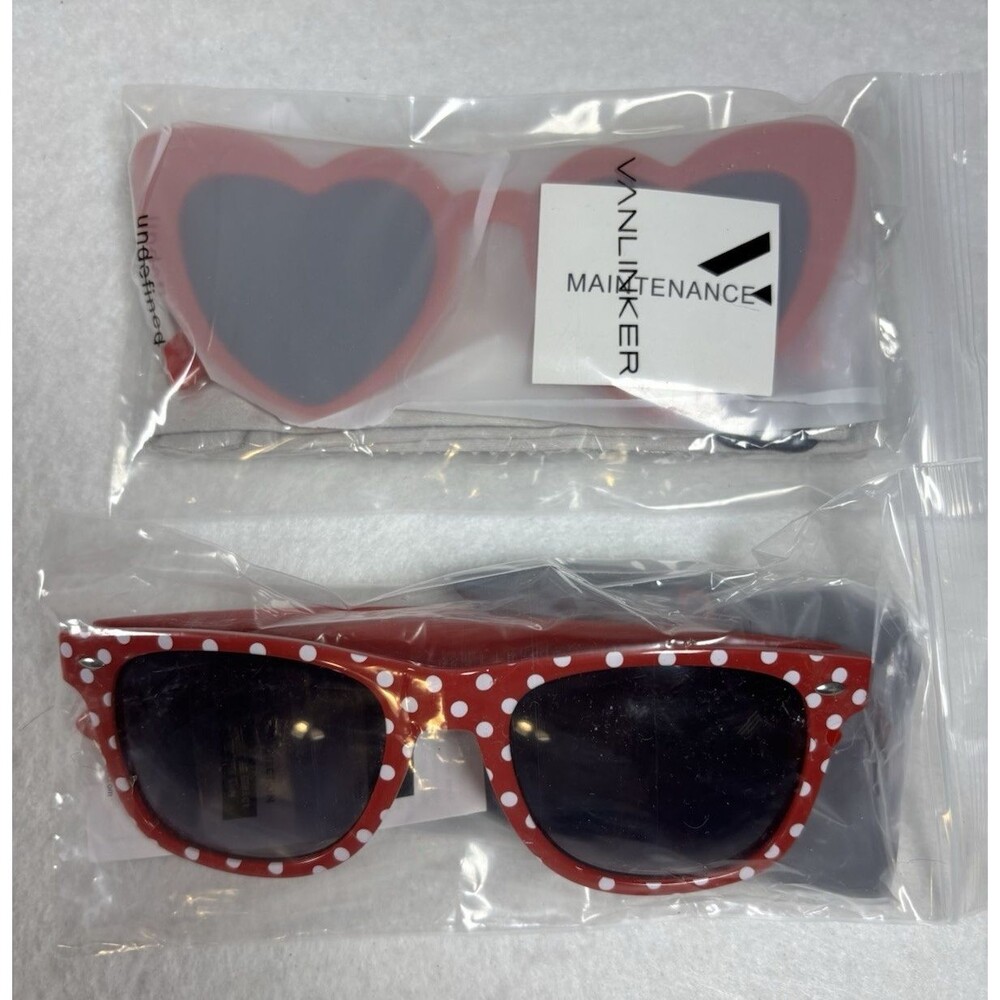 Lot of 2 Women’s Sunglasses Red Polka Dot & Pink Heart New With Cleaning Cloths